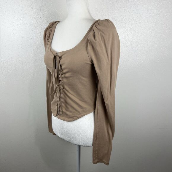 Free People Blouse Women Medium Brown Puff Sleeve Corset Tie Front Scoop Neck - Picture 2 of 15